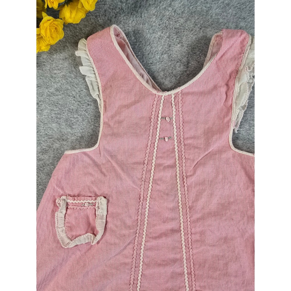 Vintage 60s Gingham Ruffle Pinafore Dress Baby Handmade Embroidered 0-6m - Picture 2 of 13